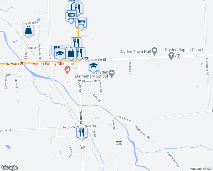 map of restaurants, bars, coffee shops, grocery stores, and more near 23 James Street in Dryden
