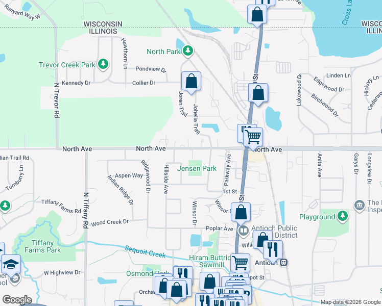 map of restaurants, bars, coffee shops, grocery stores, and more near 480 North Avenue in Antioch