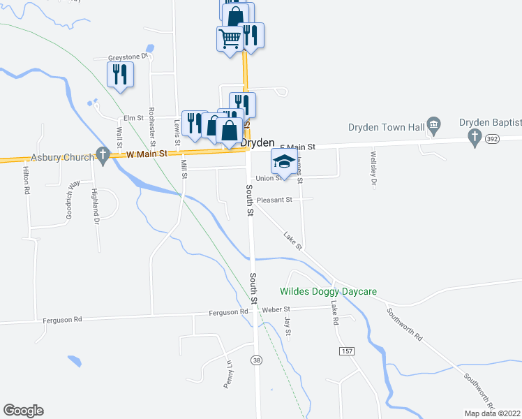 map of restaurants, bars, coffee shops, grocery stores, and more near 12 Lake Street in Dryden
