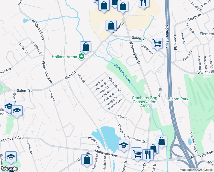 map of restaurants, bars, coffee shops, grocery stores, and more near 14 Elm Avenue in Woburn