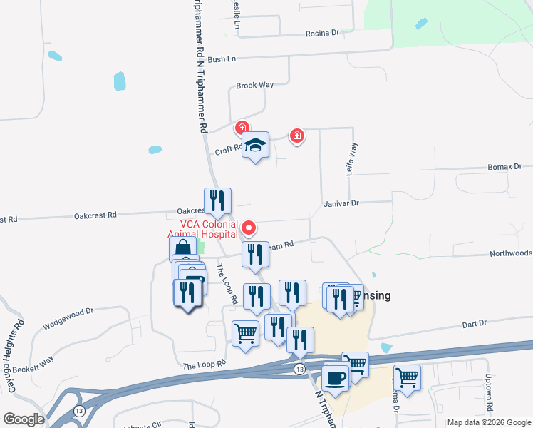 map of restaurants, bars, coffee shops, grocery stores, and more near 34 Saint Joseph Lane in Ithaca