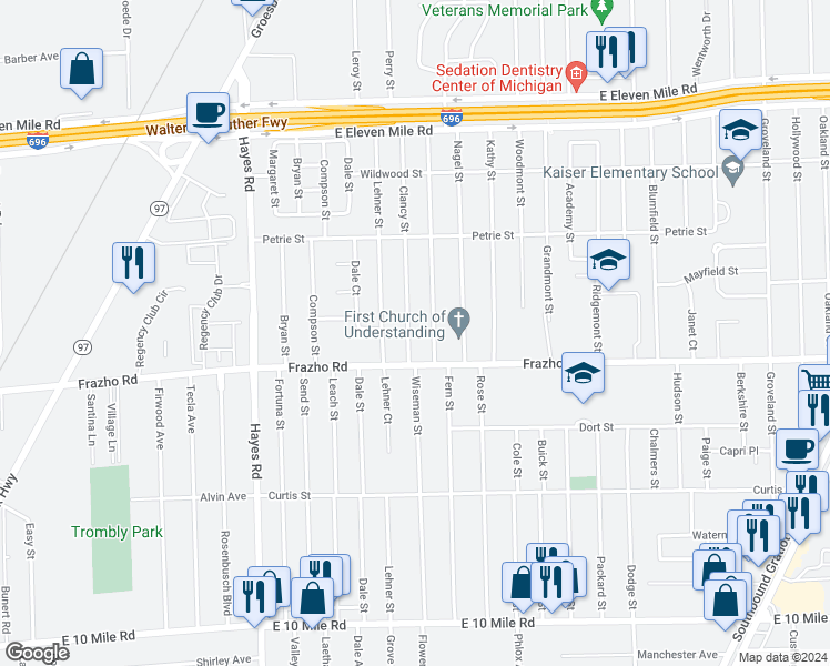 map of restaurants, bars, coffee shops, grocery stores, and more near 26060 Clancy Street in Roseville