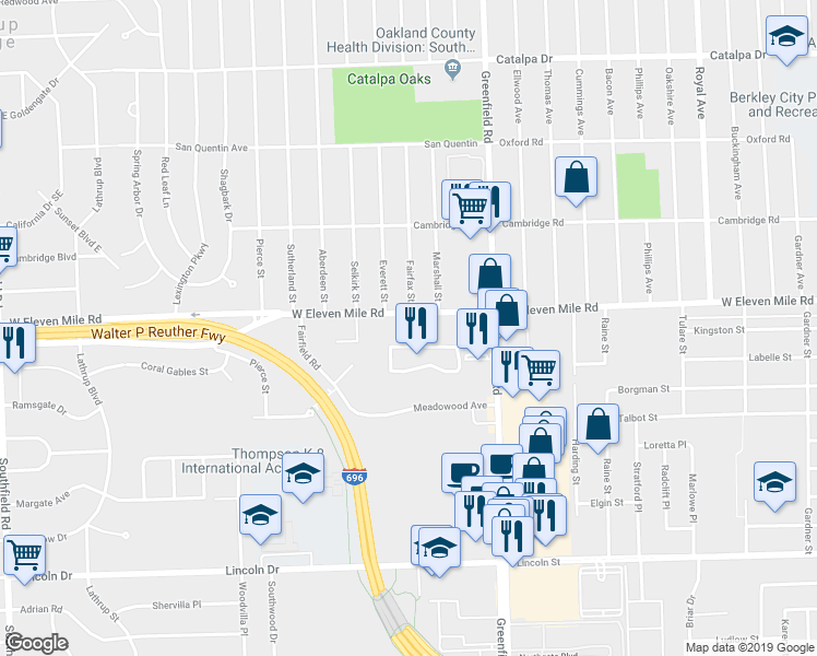 map of restaurants, bars, coffee shops, grocery stores, and more near 15925 West 11 Mile Road in Southfield