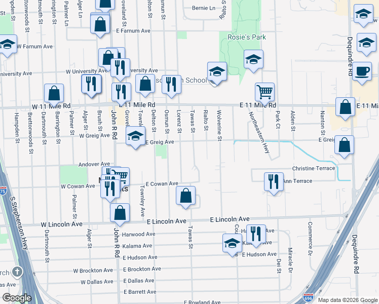 map of restaurants, bars, coffee shops, grocery stores, and more near 26401 Tawas Street in Madison Heights