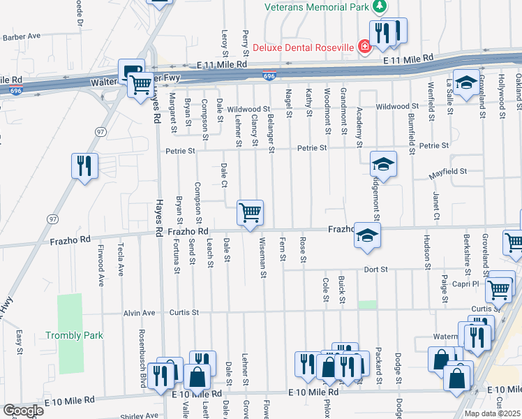map of restaurants, bars, coffee shops, grocery stores, and more near 26060 Clancy Street in Roseville