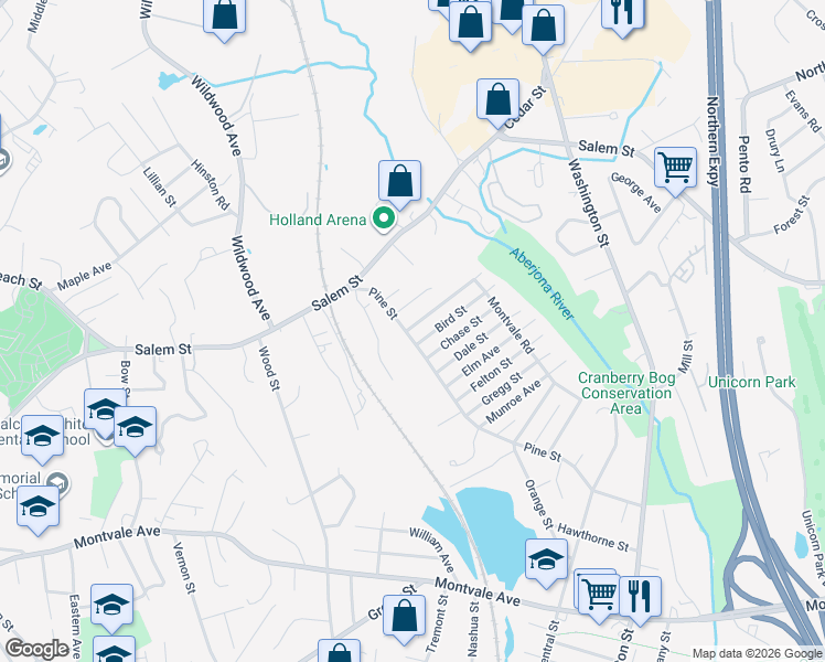 map of restaurants, bars, coffee shops, grocery stores, and more near 35 Pine Street in Woburn