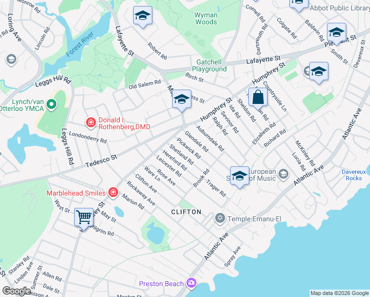 map of restaurants, bars, coffee shops, grocery stores, and more near 18 Pickwick Road in Marblehead