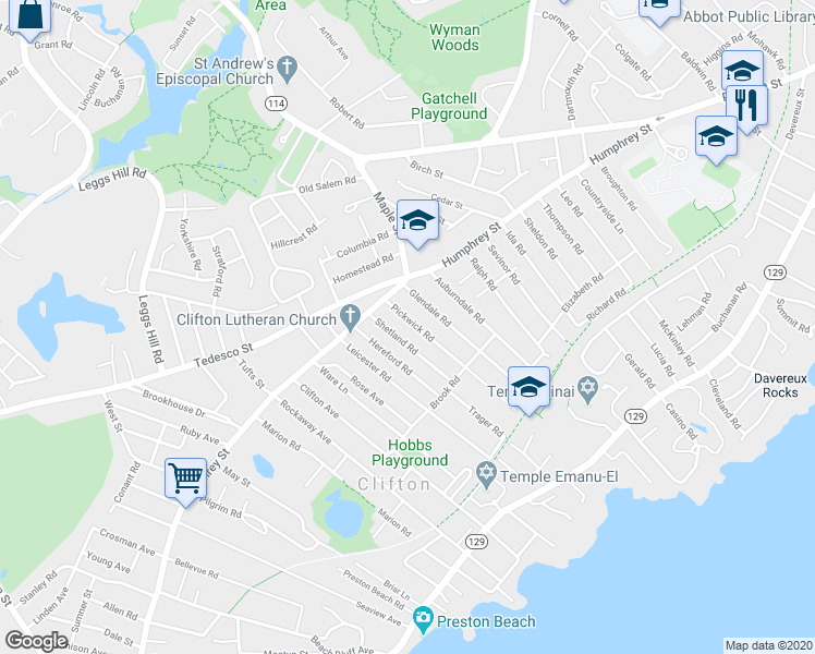 map of restaurants, bars, coffee shops, grocery stores, and more near 18 Pickwick Road in Marblehead