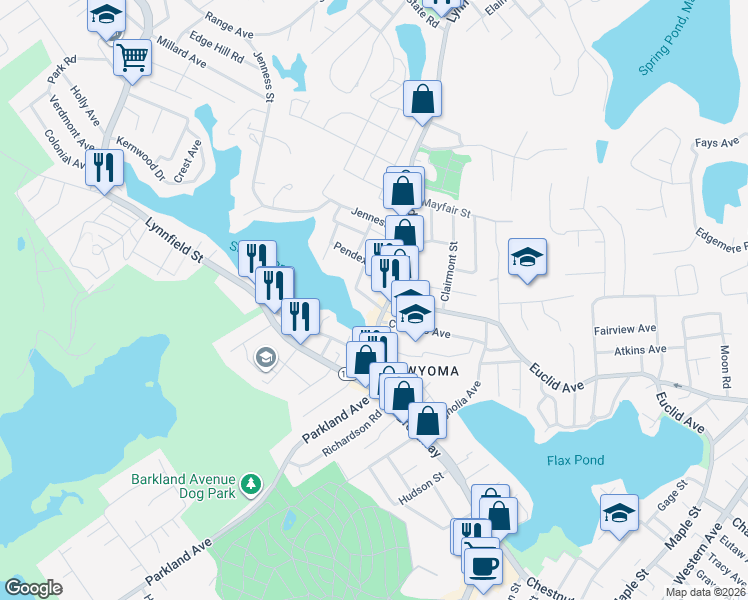 map of restaurants, bars, coffee shops, grocery stores, and more near 265 Broadway in Lynn