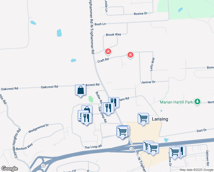 map of restaurants, bars, coffee shops, grocery stores, and more near 2389 North Triphammer Road in Ithaca