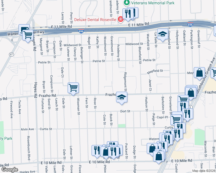 map of restaurants, bars, coffee shops, grocery stores, and more near 16151 Grandmont Court in Roseville