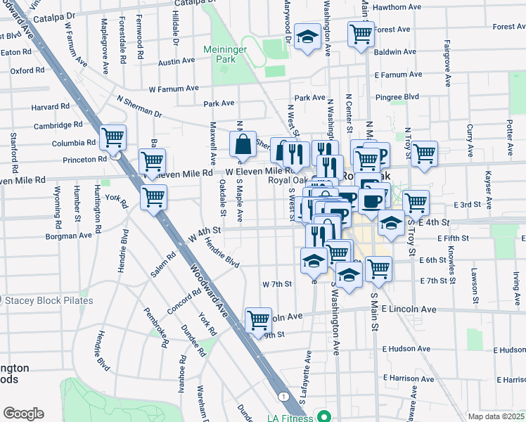 map of restaurants, bars, coffee shops, grocery stores, and more near 325 South Pleasant Street in Royal Oak