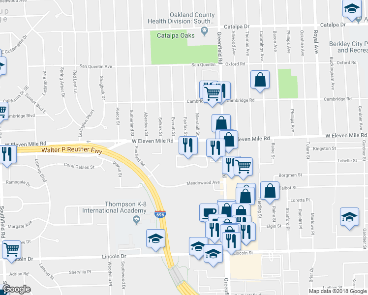 map of restaurants, bars, coffee shops, grocery stores, and more near 15925 West 11 Mile Road in Southfield