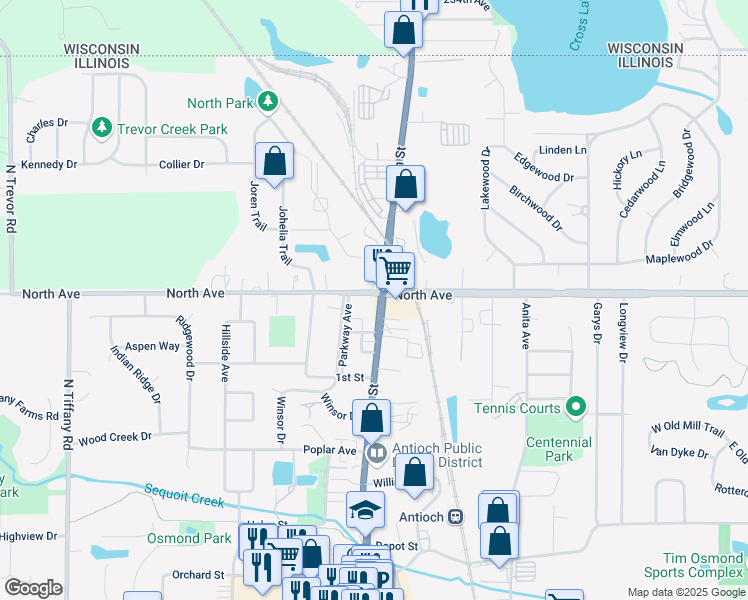 map of restaurants, bars, coffee shops, grocery stores, and more near 576 Main Street in Antioch