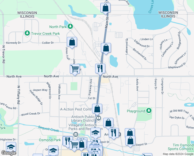 map of restaurants, bars, coffee shops, grocery stores, and more near 576 Main Street in Antioch