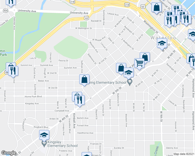 map of restaurants, bars, coffee shops, grocery stores, and more near 412 Denver Street in Waterloo