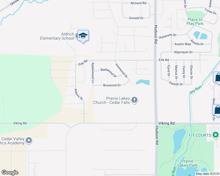 map of restaurants, bars, coffee shops, grocery stores, and more near 2048-2312 Boxwood Dr in Cedar Falls