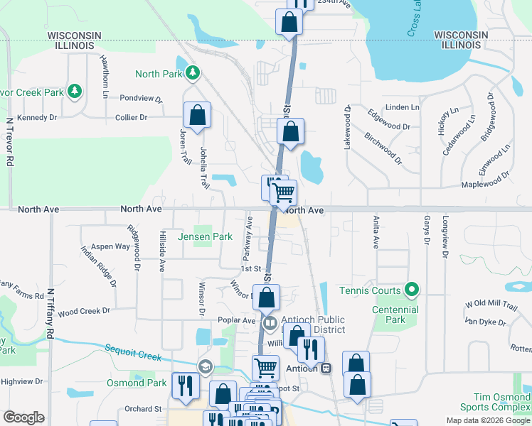 map of restaurants, bars, coffee shops, grocery stores, and more near 370 North Avenue in Antioch