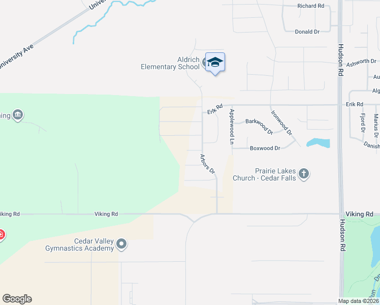 map of restaurants, bars, coffee shops, grocery stores, and more near 6206 Viking Road in Cedar Falls
