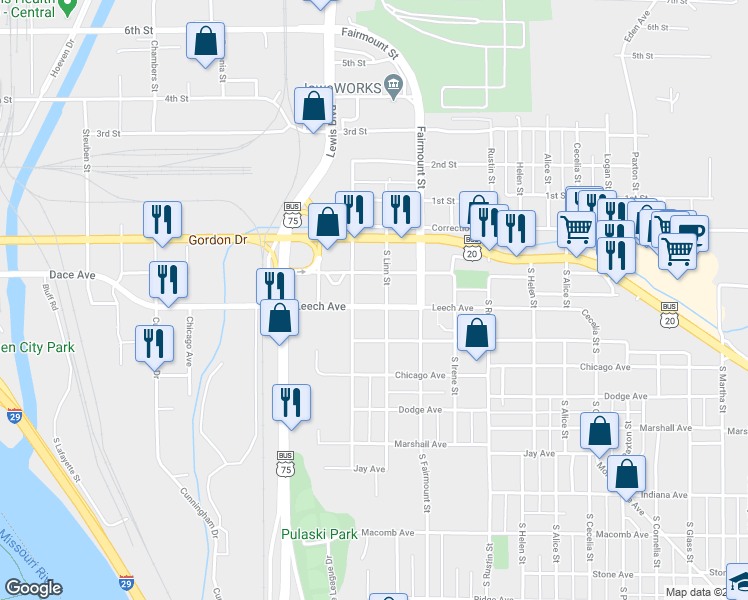map of restaurants, bars, coffee shops, grocery stores, and more near 2511 Leech Avenue in Sioux City