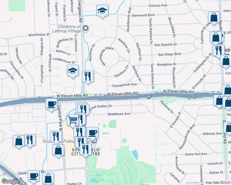 map of restaurants, bars, coffee shops, grocery stores, and more near 19451 West Eleven Mile Road in Southfield