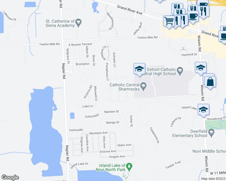 map of restaurants, bars, coffee shops, grocery stores, and more near 27464 Pamplona Lane in Novi
