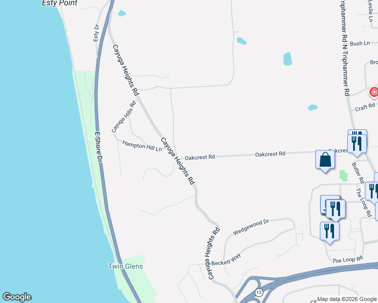 map of restaurants, bars, coffee shops, grocery stores, and more near 15 Oakcrest Road in Ithaca