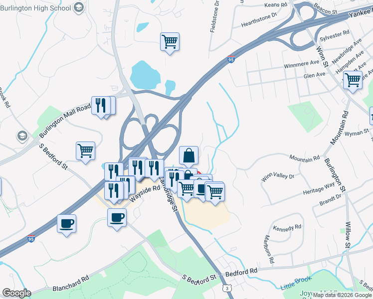 map of restaurants, bars, coffee shops, grocery stores, and more near 5 Wall Street in Burlington