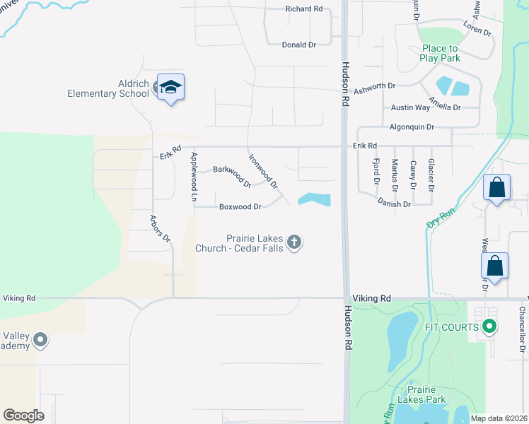 map of restaurants, bars, coffee shops, grocery stores, and more near 2048 Boxwood Drive in Cedar Falls