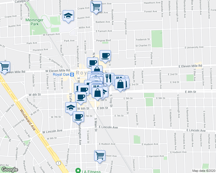 map of restaurants, bars, coffee shops, grocery stores, and more near 269 East 4th Street in Royal Oak