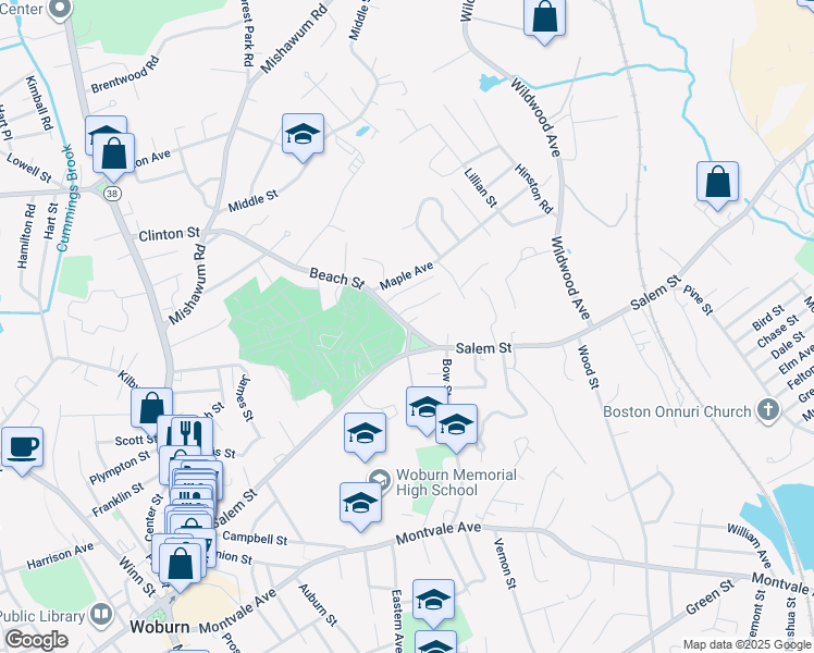 map of restaurants, bars, coffee shops, grocery stores, and more near 79 Beach Street in Woburn