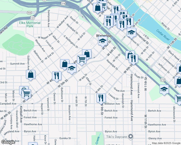 map of restaurants, bars, coffee shops, grocery stores, and more near 930 West 7th Street in Waterloo