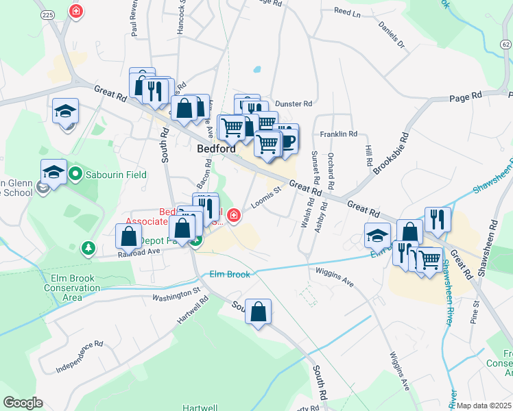 map of restaurants, bars, coffee shops, grocery stores, and more near 38 Loomis Street in Bedford