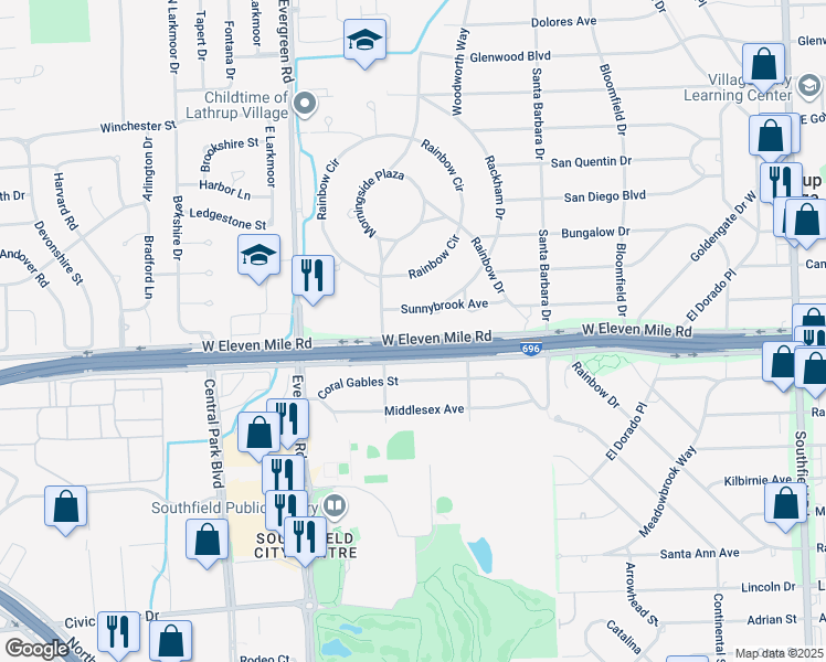 map of restaurants, bars, coffee shops, grocery stores, and more near 19451 West Eleven Mile Road in Southfield