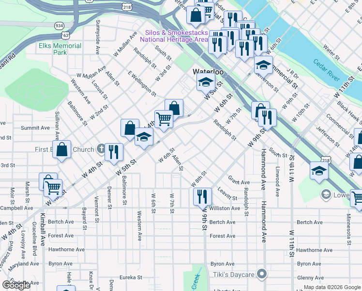 map of restaurants, bars, coffee shops, grocery stores, and more near 930 West 7th Street in Waterloo