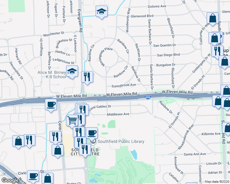 map of restaurants, bars, coffee shops, grocery stores, and more near 19451 West Eleven Mile Road in Southfield