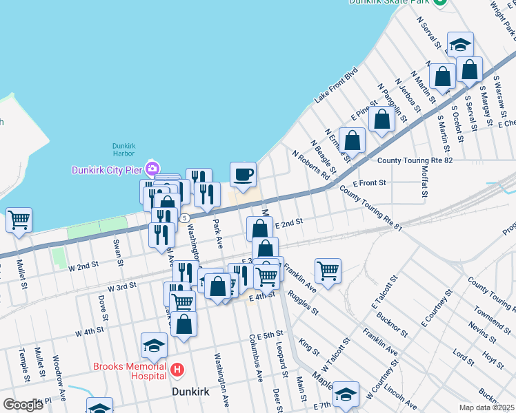 map of restaurants, bars, coffee shops, grocery stores, and more near 111 Main Street in Dunkirk