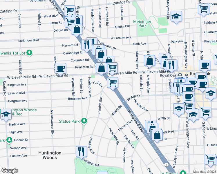 map of restaurants, bars, coffee shops, grocery stores, and more near 26764 York Road in Huntington Woods