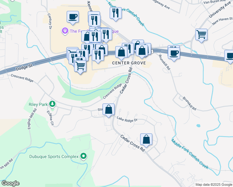 map of restaurants, bars, coffee shops, grocery stores, and more near 301 Cedar Cross Road in Dubuque