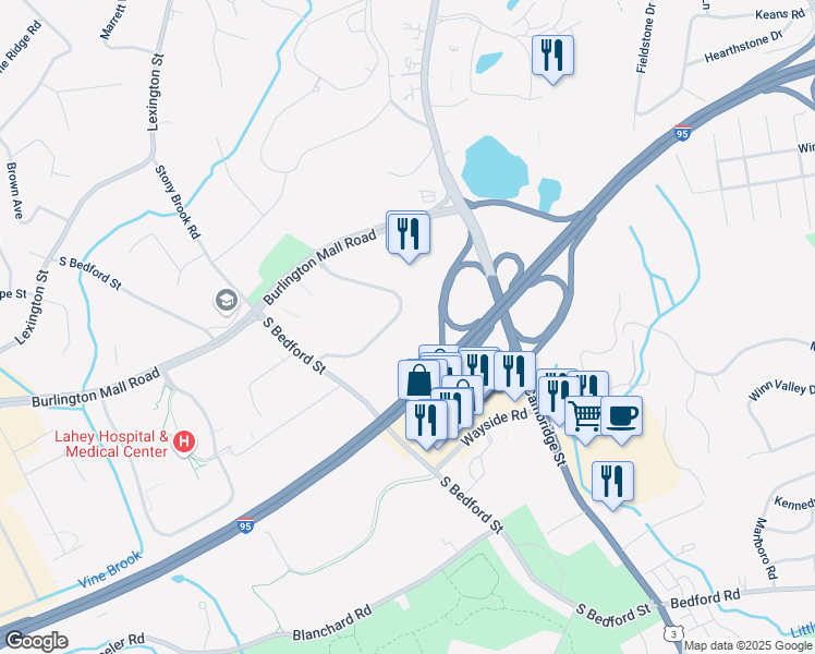 map of restaurants, bars, coffee shops, grocery stores, and more near 3 Burlington Woods Drive in Burlington