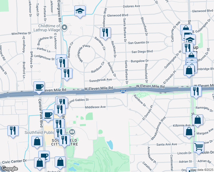 map of restaurants, bars, coffee shops, grocery stores, and more near 19335 West Eleven Mile Road in Southfield