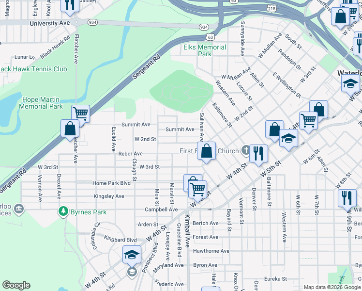 map of restaurants, bars, coffee shops, grocery stores, and more near 217 Reber Avenue in Waterloo