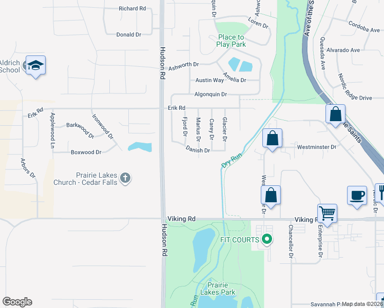 map of restaurants, bars, coffee shops, grocery stores, and more near 1428 Danish Drive in Cedar Falls