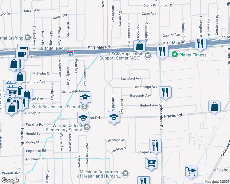 map of restaurants, bars, coffee shops, grocery stores, and more near 26340 Fairfield Avenue in Warren
