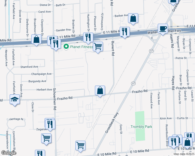 map of restaurants, bars, coffee shops, grocery stores, and more near 14235 Frazho Road in Warren