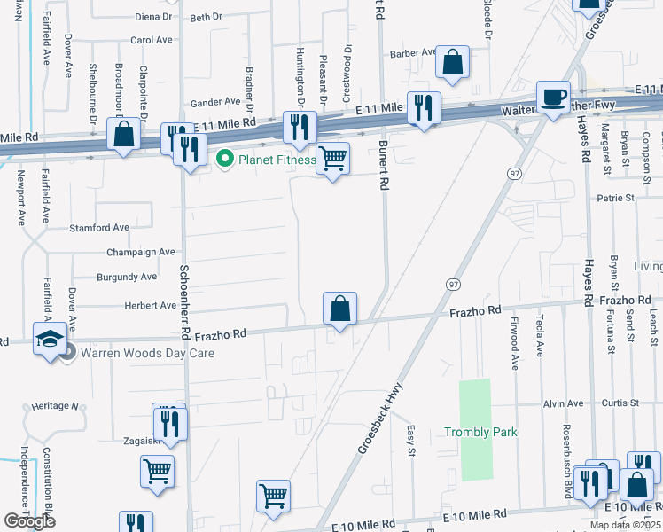 map of restaurants, bars, coffee shops, grocery stores, and more near 14235 Frazho Road in Warren
