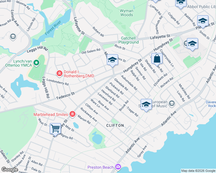 map of restaurants, bars, coffee shops, grocery stores, and more near 12 Hereford Road in Marblehead