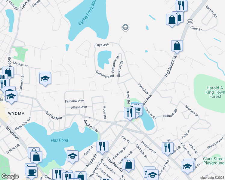 map of restaurants, bars, coffee shops, grocery stores, and more near 36 Dibble Road in Lynn