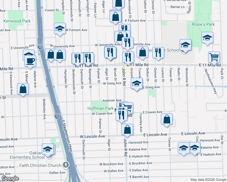 map of restaurants, bars, coffee shops, grocery stores, and more near 26524 Brush Street in Madison Heights