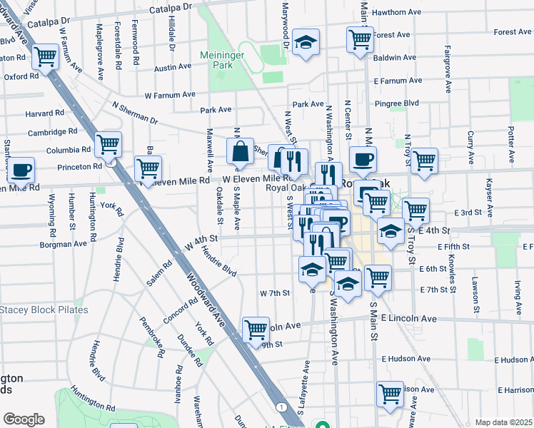 map of restaurants, bars, coffee shops, grocery stores, and more near 325 South Pleasant Street in Royal Oak